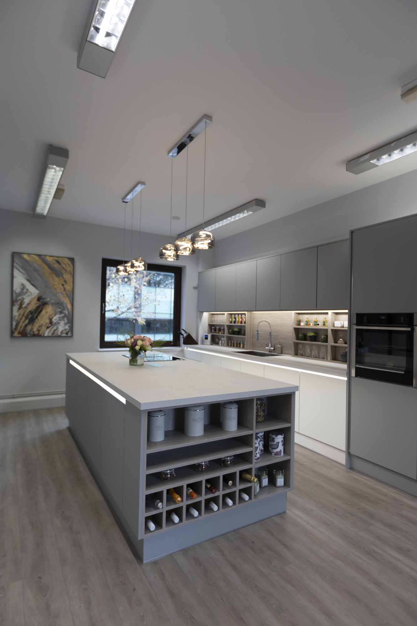 kitchen for photoshoot, lights on