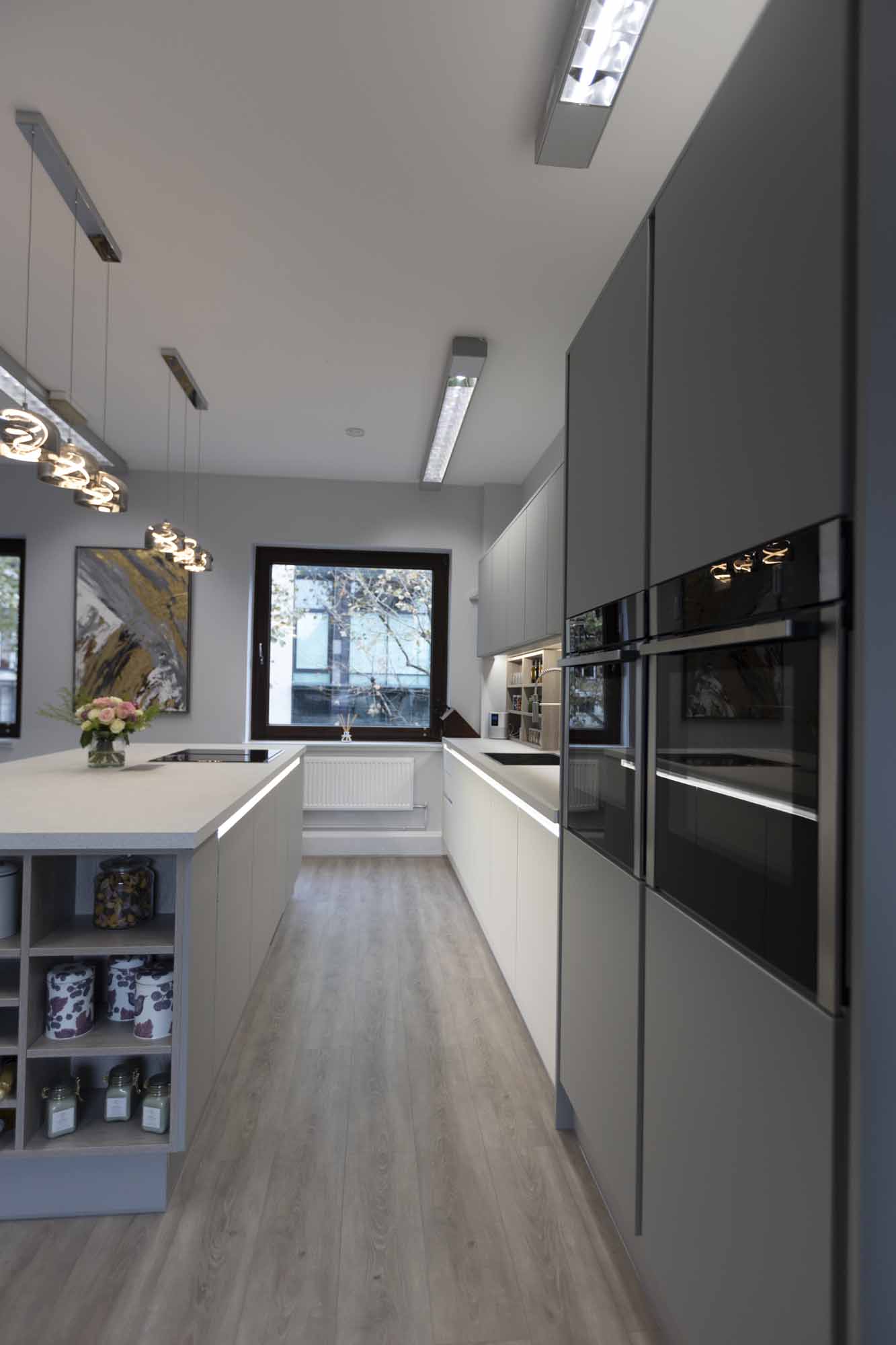 kitchen for photoshoot, lights on, side